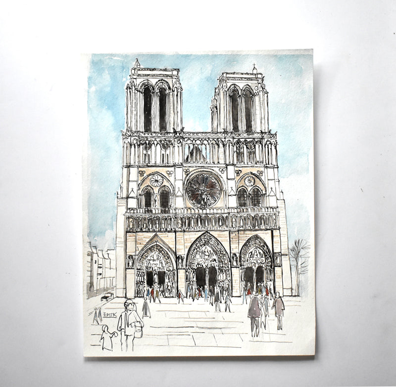 Vintage Mid-Century Signed Architectural Watercolor Painting of Notre Dame from the Front