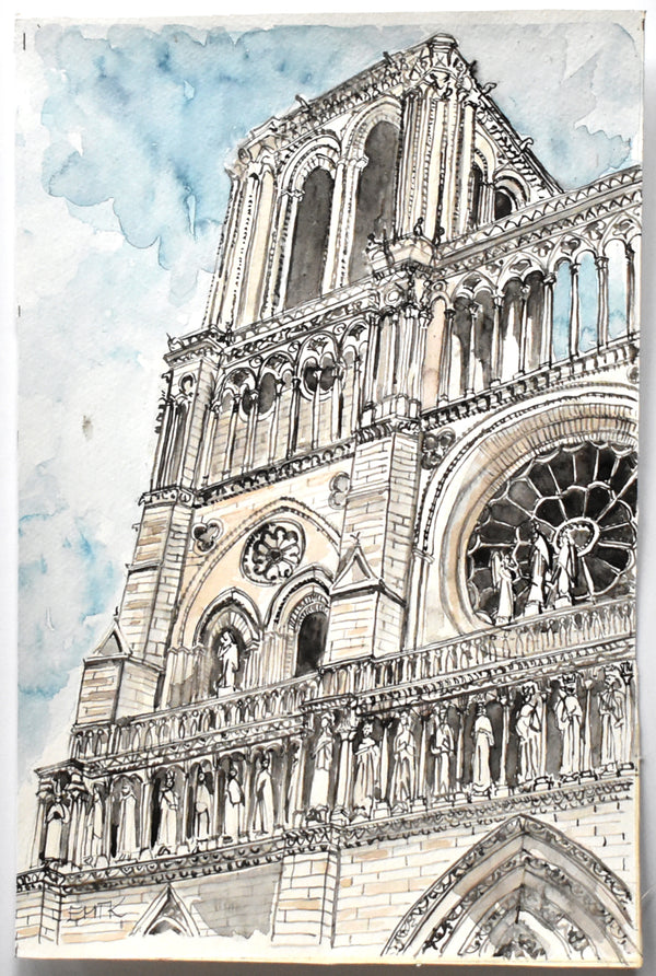 Vintage Mid-Century Signed Architectural Watercolor Painting of Notre Dame