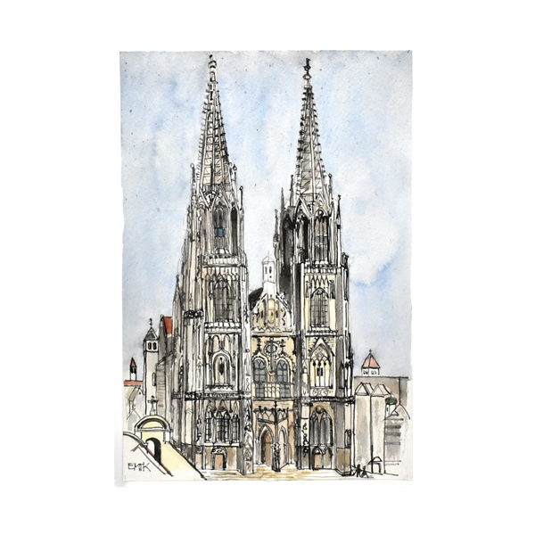 Vintage Mid-Century Signed Architectural Watercolor Painting of a Cathedral with High Gothic Spires