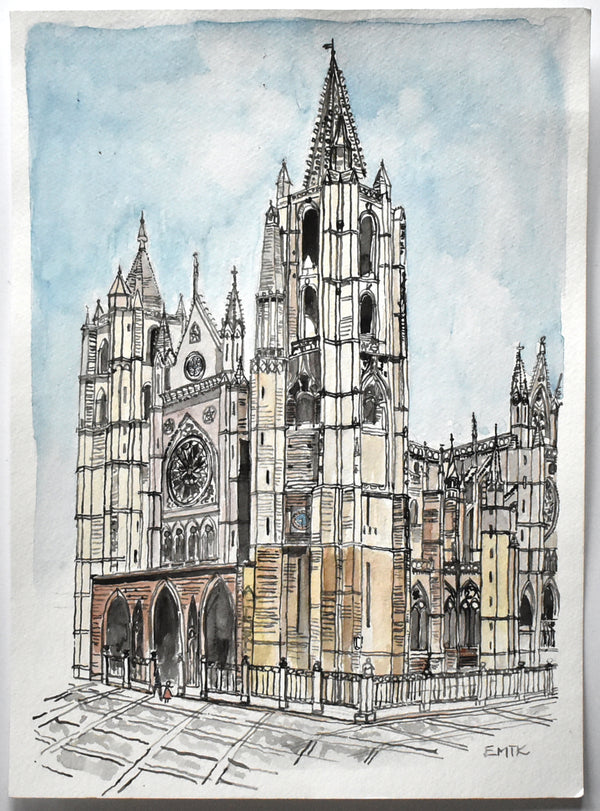 Vintage Mid-Century Signed Architectural Watercolor Painting of a Gothic Cathedral