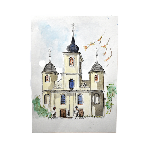 Vintage Mid-Century Signed Architectural Watercolor Painting of a Building with Round Turrets