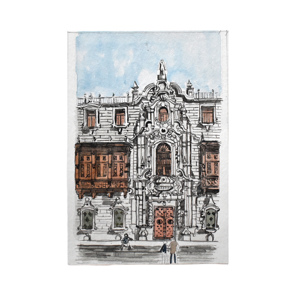 Vintage Mid-Century Signed Architectural Watercolor Painting of an Ornate Building