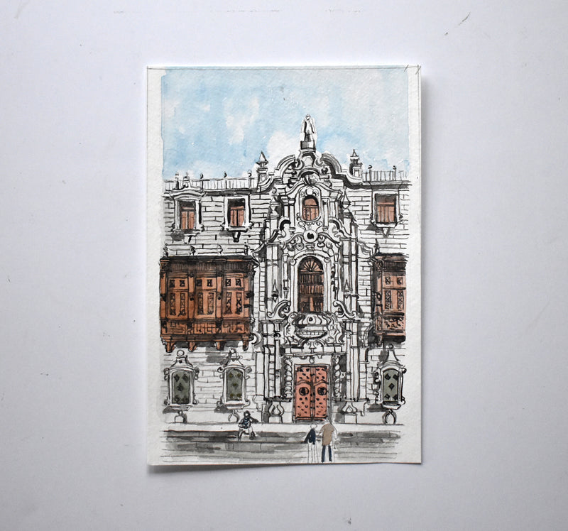 Vintage Mid-Century Signed Architectural Watercolor Painting of an Ornate Building