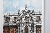 Vintage Mid-Century Signed Architectural Watercolor Painting of an Ornate Building