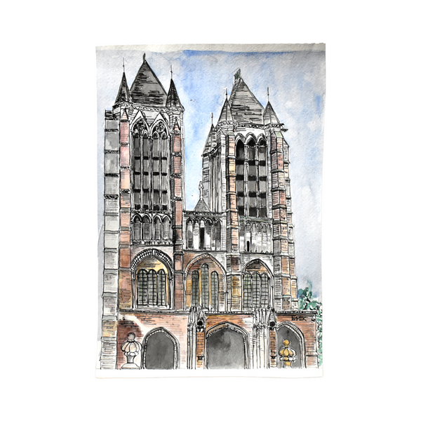 Vintage Mid-Century Signed Architectural Watercolor Painting of a Cathedral with Turreted Spired