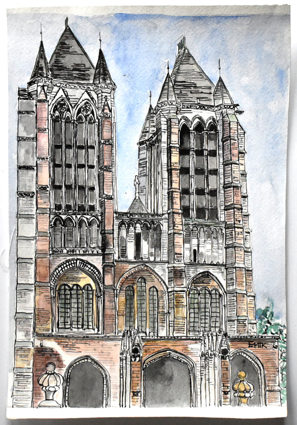 Vintage Mid-Century Signed Architectural Watercolor Painting of a Cathedral with Turreted Spired