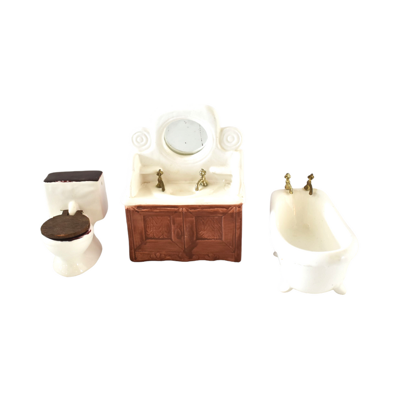 1:12 Scale Vintage Toy White Clawfoot Bathtub, Vanity Cabinet Sink, and Toilet -- Porcelain Bathroom Set Dollhouse Furniture Miniatures