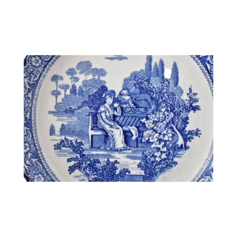 English Staffordshire "Georgian" Pattern Courting Scene Blue and White Plate