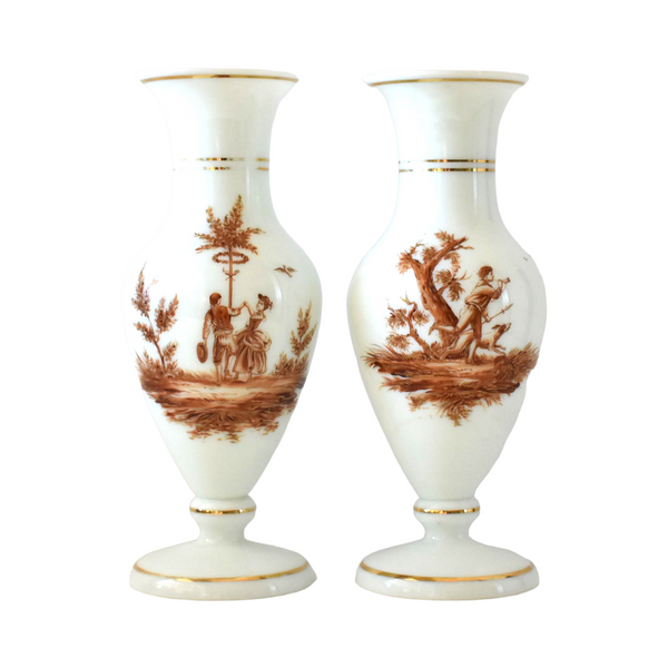Pair of Antique 19th-Century French Sepia Grisaille White Opaline Glass Baluster Vases With 18th-Century Country Scenes