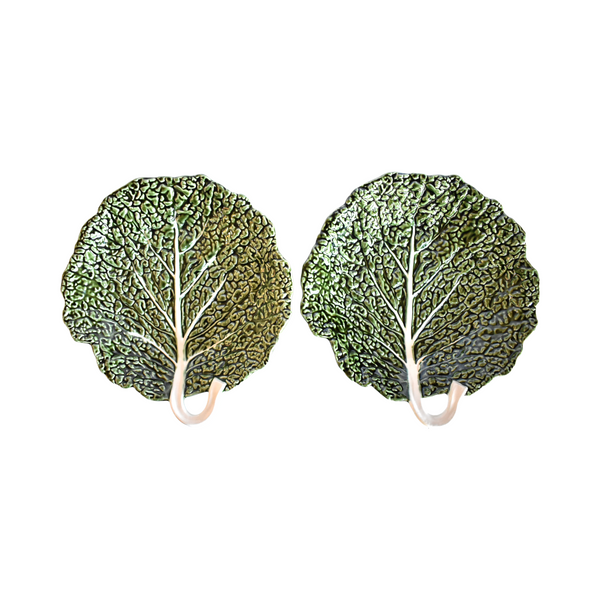 Portuguese Majolica Cabbageware Leaf Serving Bowls - a Pair