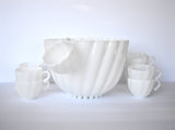 Mid-Century White Milk Glass Punch Bowl & Cups