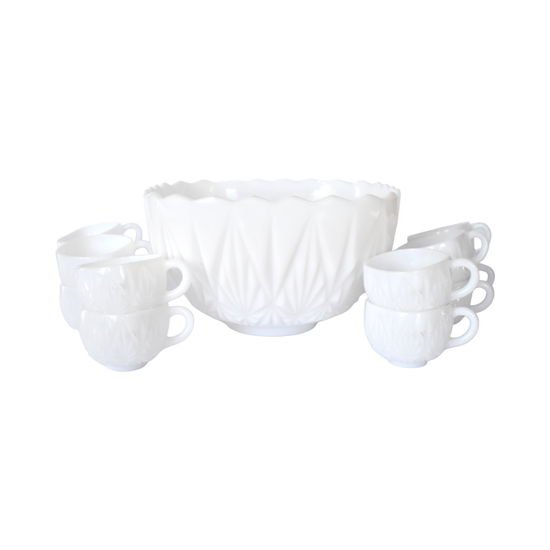 Mid-Century Geometric White Milk Glass Punch Bowl & Cups