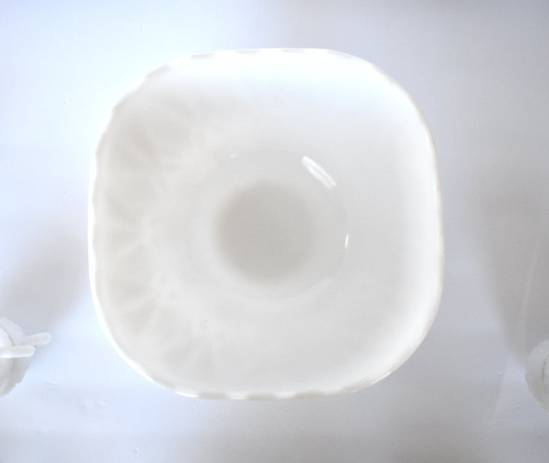Mid-Century Geometric White Milk Glass Punch Bowl & Cups
