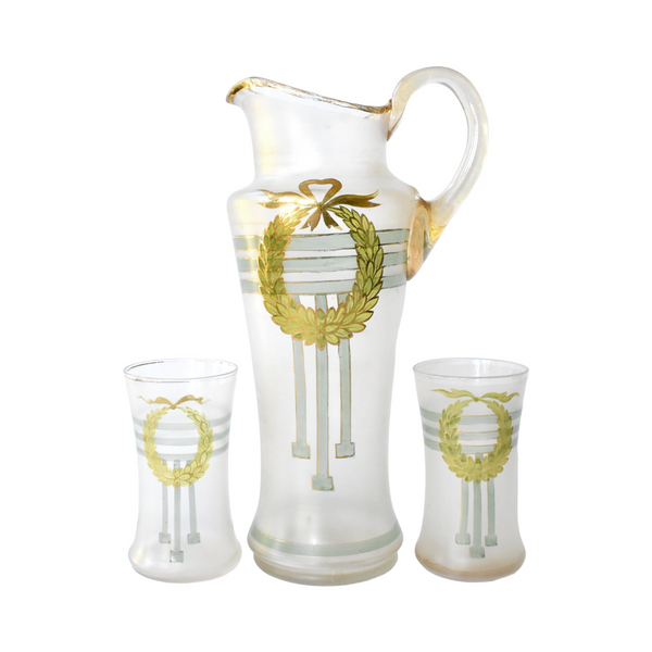 Antique Hand-Painted Neoclassical Wreath Pitcher and Glasses - Set of 3