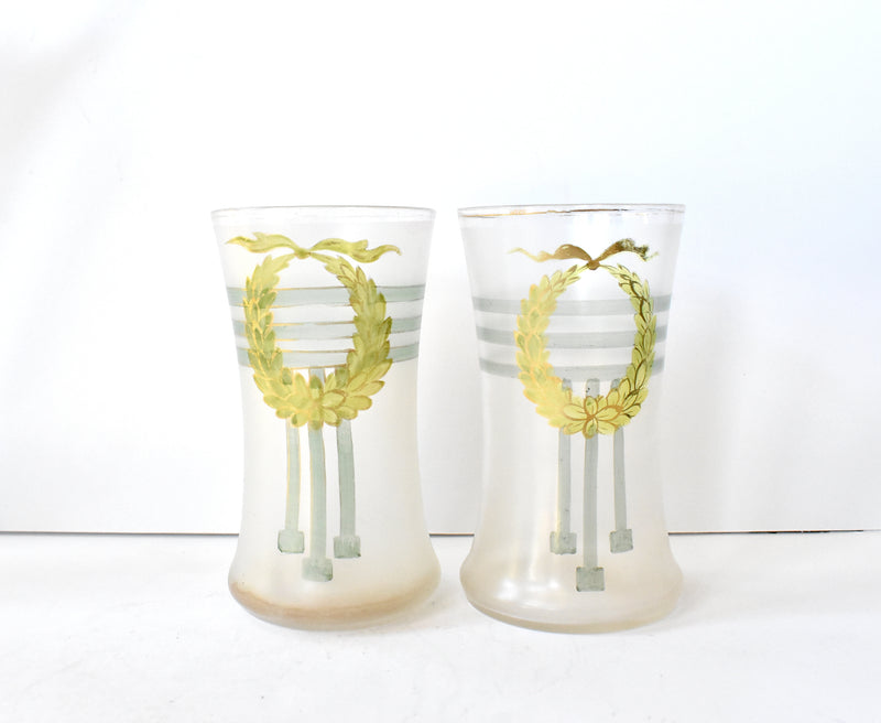 Antique Hand-Painted Neoclassical Wreath Pitcher and Glasses - Set of 3