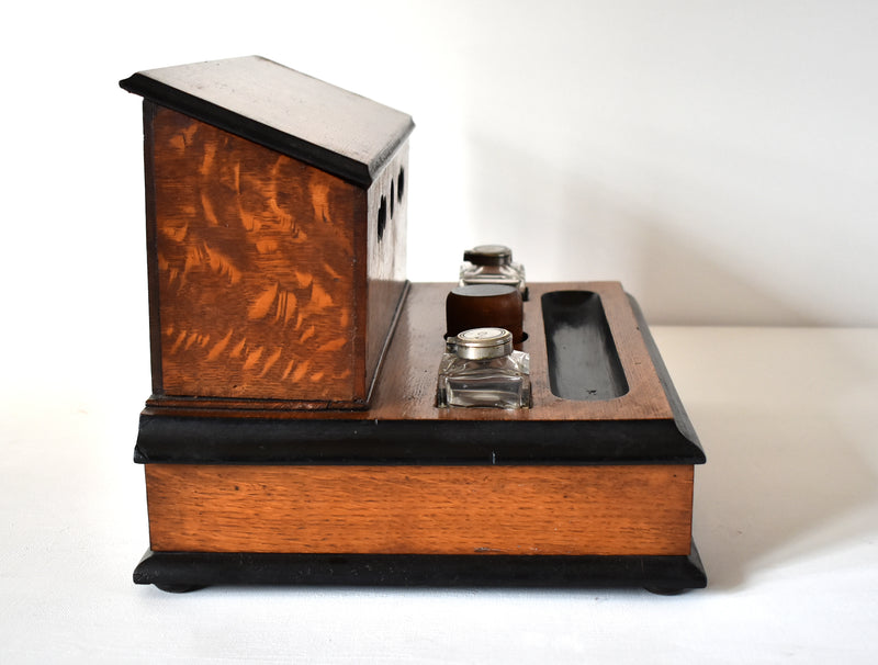 Victorian Tiger Oak Desk-Top Letterbox and Inkstand With Perpetual Calendar