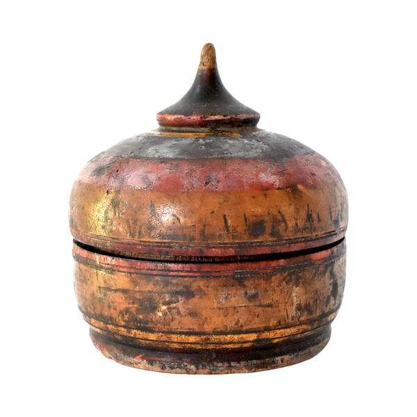 Antique 19th-Century Afghan Polychrome Wooden Round Lidded Spice Box