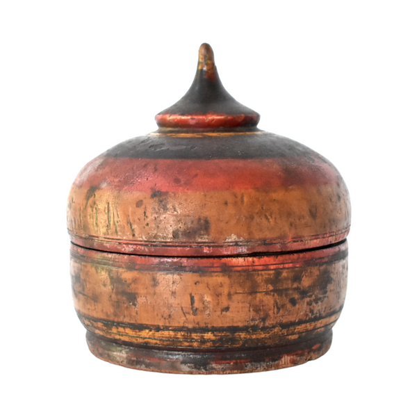 Antique 19th-Century Afghan Polychrome Wooden Round Lidded Spice Box