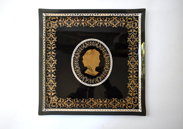 Mid-Century Briard-Style Black and Gold Silhouette Large Square Serving Tray
