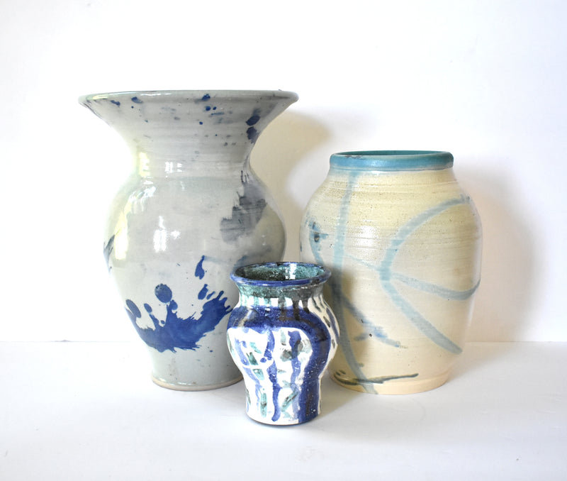 Collection of Blue and White Hand-Painted Art Pottery Vases - Set of 3