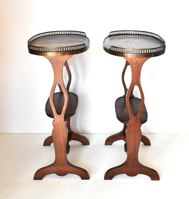 Antique French Parquetry Tiered & Galleried Side Tables - a Pair