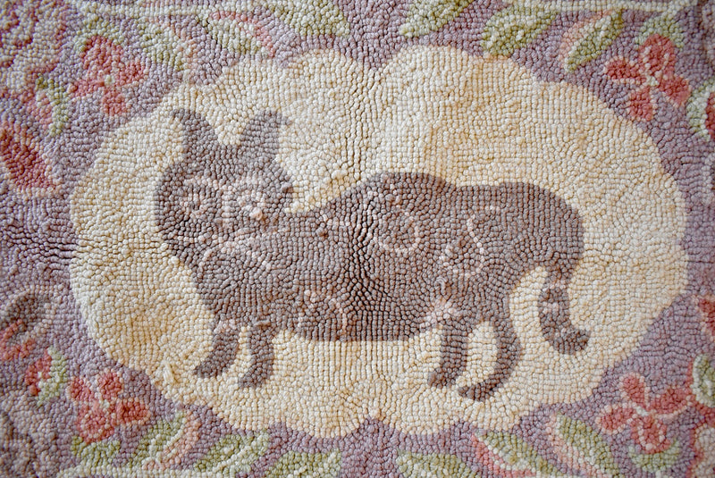 Antique Cat Hooked Wool Textile
