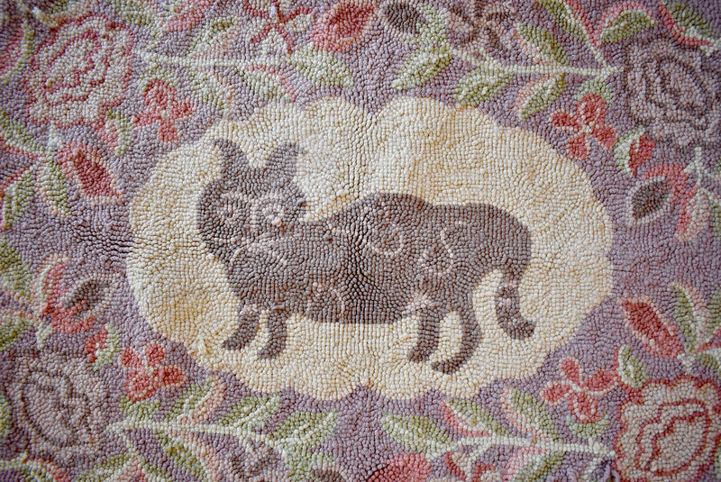 Antique Cat Hooked Wool Textile