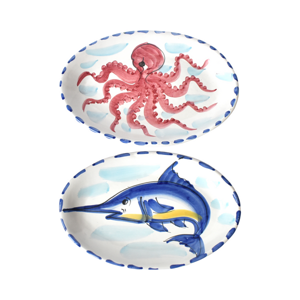 Pair of Italian Vietri Fish Plates of Swordfish and Octopus