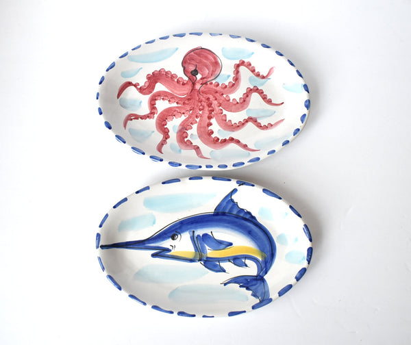 Pair of Italian Vietri Fish Plates of Swordfish and Octopus