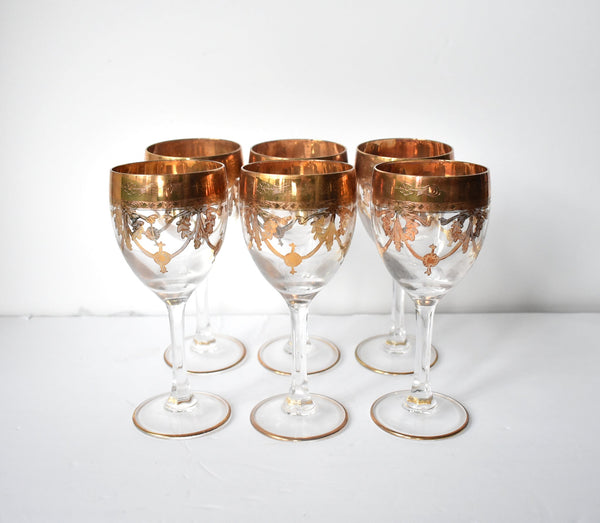 Set of 6 Murano Italian 24k Gold Overlay Wine Glasses