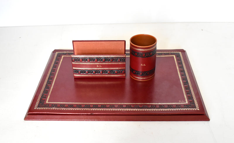 Vintage Red Leather Desk Set - Document Holder, Pencil Cup, and Letter Holder