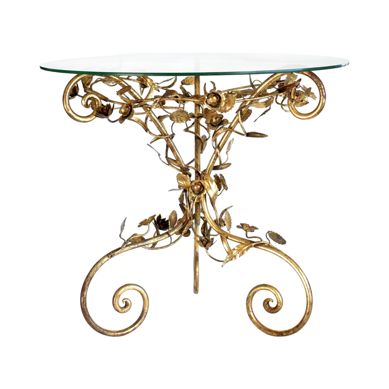 Mid-Century Italian Gold Tole Flower Table With Glass Top