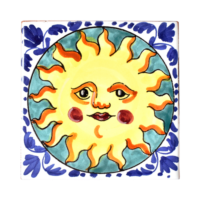 Italian Deruta Hand-Painted Sole Sun Ceramic Tile