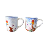 Pair of Vintage Hand-Painted Mugs with Bunnies and Birds