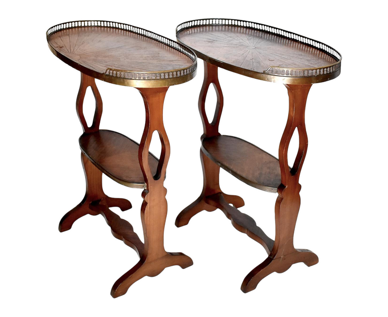 Antique French Parquetry Tiered & Galleried Side Tables - a Pair