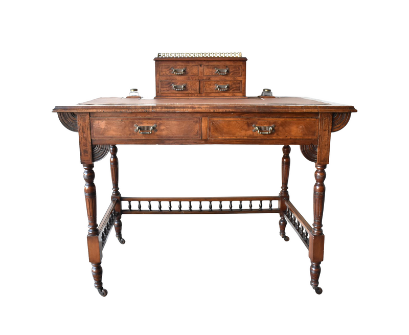 Antique Victorian Burl Walnut & Leather Writing Desk With Letter Box & Inkwells