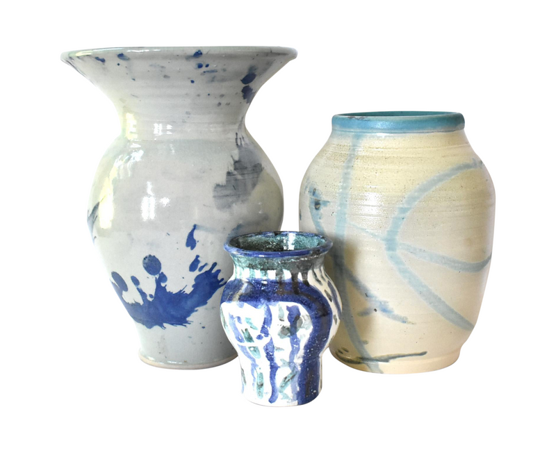 Collection of Blue and White Hand-Painted Art Pottery Vases - Set of 3