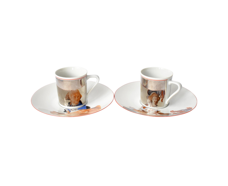 French Mirror Reflection Marie Antoinette & Louis XVI Espresso Cups & Saucers