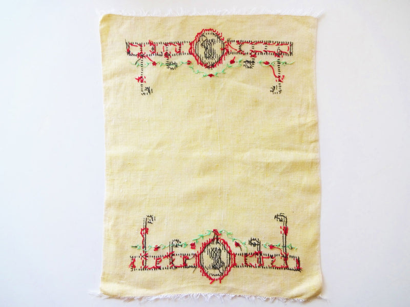 Vintage Silhouette Cross-Stitch Tea Towel / Hand Towel in Black, Red, and Green on Yellow Linen