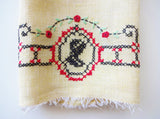 Vintage Silhouette Cross-Stitch Tea Towel / Hand Towel in Black, Red, and Green on Yellow Linen