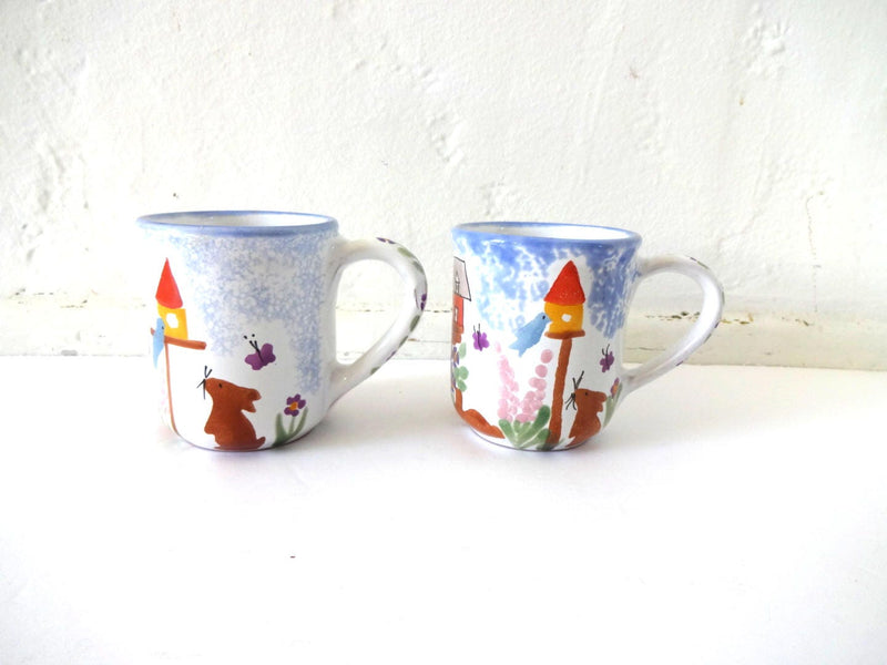 Pair of Vintage Hand-Painted Mugs with Bunnies and Birds