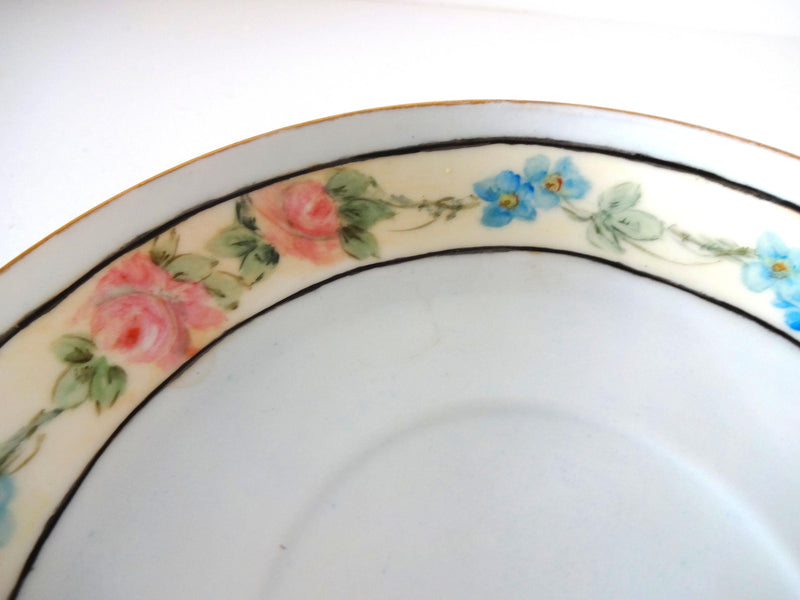 Art Deco 1920s Noritake Pale Blue Forget-Me-Nots and Pink Roses Porcelain Teacup and Saucer