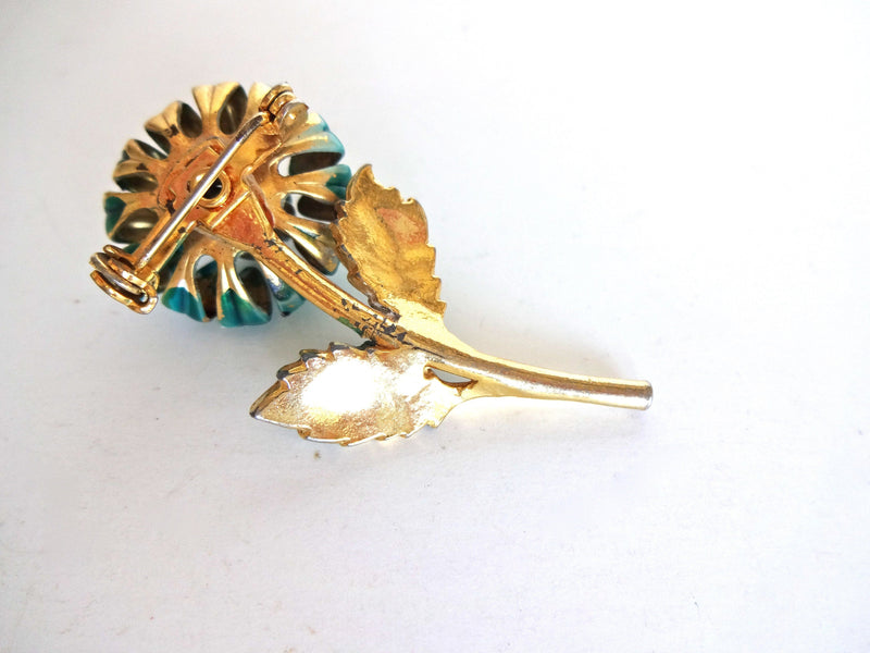 Vintage 1960s Green and Turquoise Blue Enamel Flower Pin /Brooch