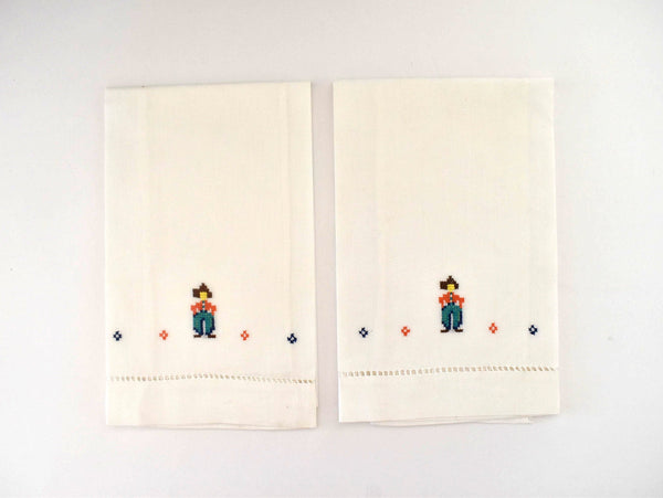 Pair of Vintage c. 1940s-1950s Cowboys Cross-Stitch Linen Hand Towels