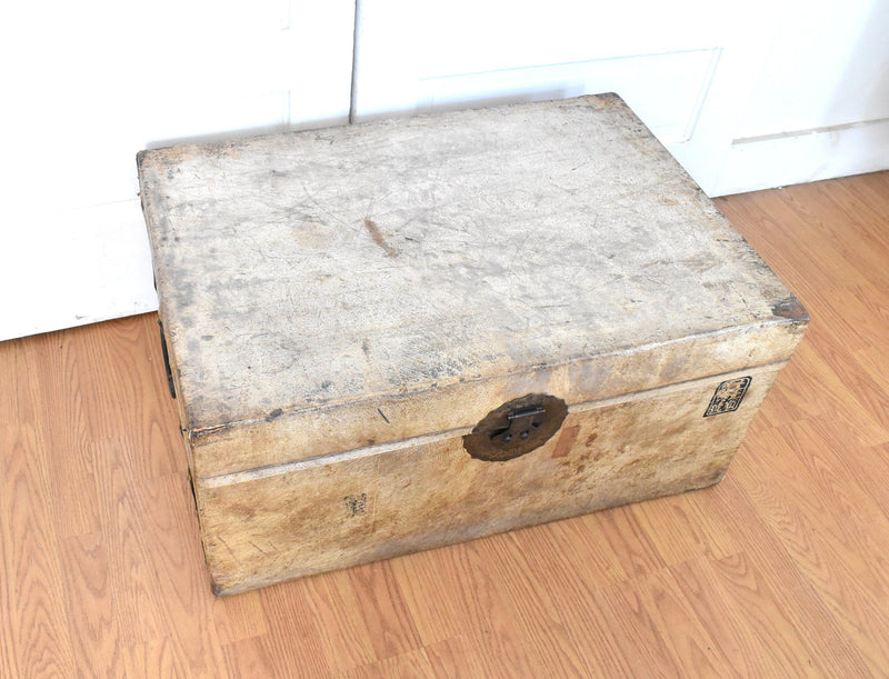 1900s Chinese Import Leather Parchment Traveling Box Trunk