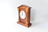 Mid-Century Handmade Teak Wood Mantel Clock With Neoclassical Architecture