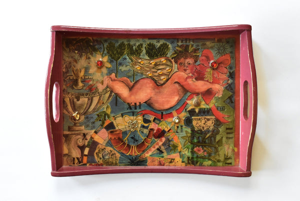 Embellished Decoupage Art Tray With Cupid