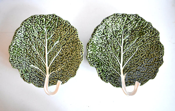 Portuguese Majolica Cabbageware Leaf Serving Bowls - a Pair