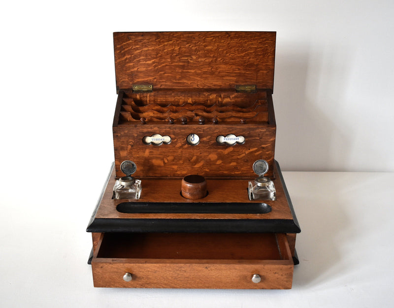 Victorian Tiger Oak Desk-Top Letterbox and Inkstand With Perpetual Calendar