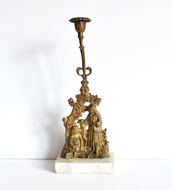 Victorian Gold Gilt Bronze Ormolu and Marble Candlestick Holder of a Pastoral Scene